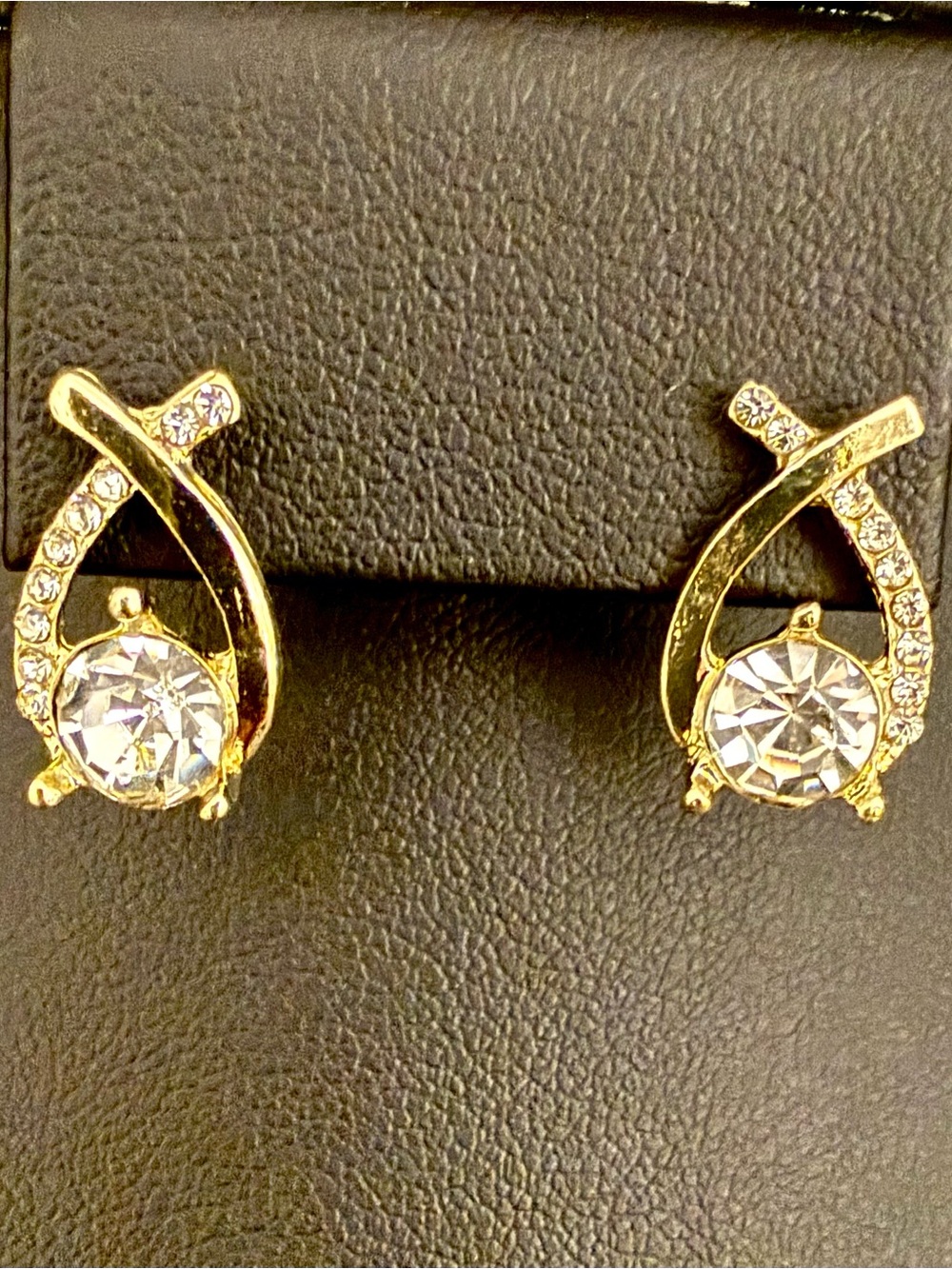 Gold Tone Clear Rhinestone Crystal Swirl Crossover Stud Earrings